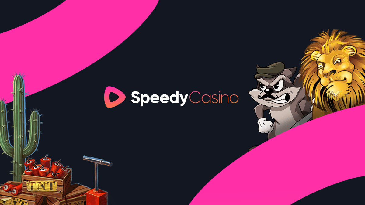 SpeedyCasino-logotypen med flygande spelmarker mot en ljus bakgrund.