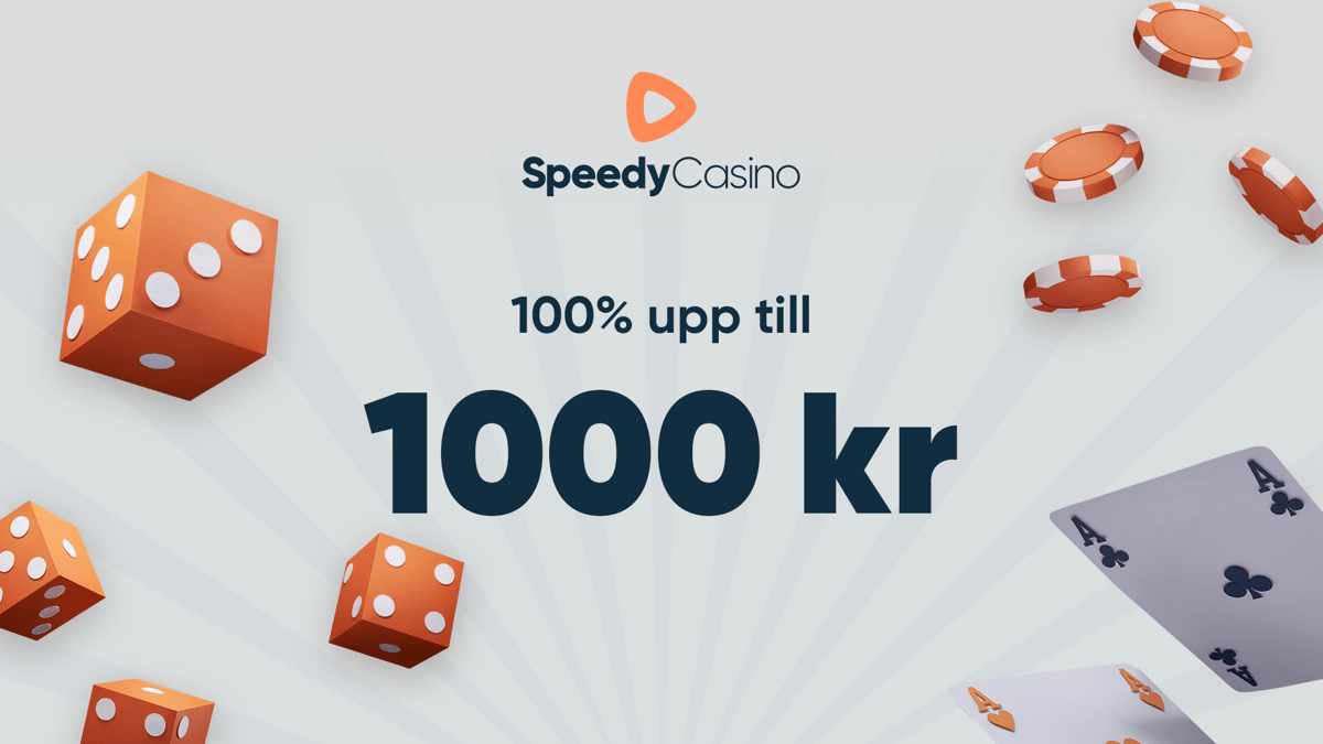 SpeedyCasino-erbjudande med 100% bonus upp till 1000 kr, omgiven av tärningar, spelkort och marker.