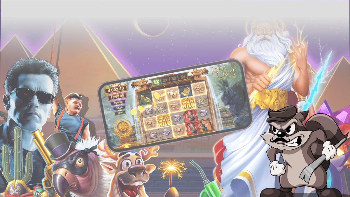 Färgstarka karaktärer från olika slots omger en mobilskärm med spelautomaten "Lara Croft: Tomb of the Sun"