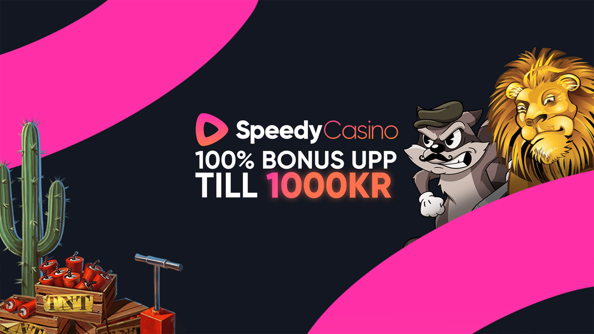 SpeedyCasino-erbjudande med 100% bonus upp till 1000 kr, omgiven av tärningar, spelkort och marker.